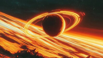 Molten planet with glowing rings creating cosmic energy - Powered by Adobe