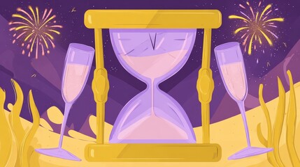Fototapeta premium Champagne glasses clinking at midnight countdown with glowing fireworks and festive holiday celebration