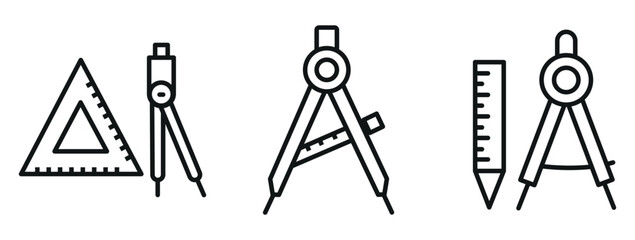 Ruler and Compass Icon Set – Outline and Minimal Tools for Measurement, Geometry, and Education Design