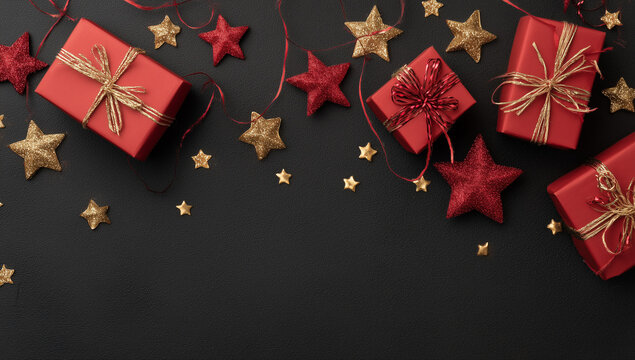 Black background with red gift boxes and golden stars with space for text, banner design. Christmas or new year celebration concept.