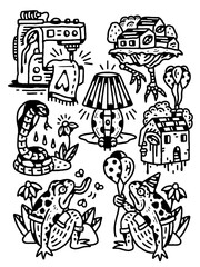 Weird surrealist doodle set, tattoo style, black ink.