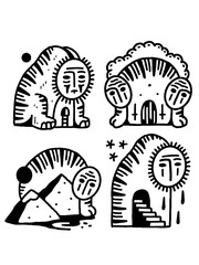 Occult tribal creature line art set, ancient style.