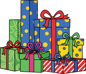 A colorful illustrated stack of wrapped gift boxes with polka dots stripes and festive bows.