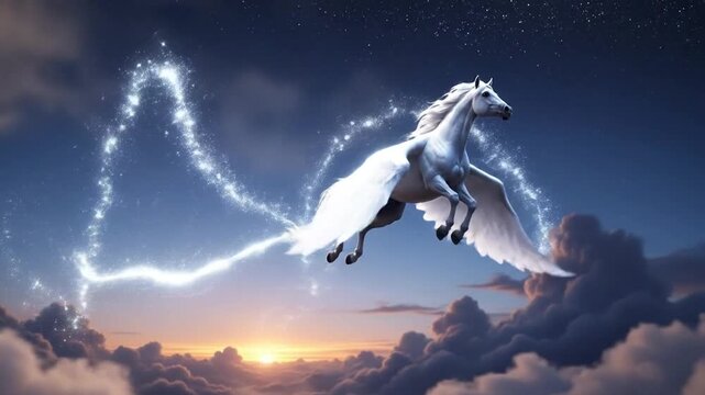 Majestic Pegasus Soaring Through the Night Sky with Sparkling Trail.