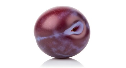 Single ripe plum fruit with purple skin and visible pit, isolated