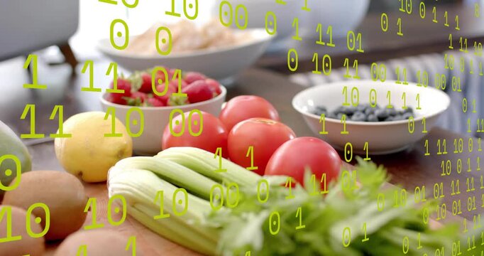 Cam moving closer, celery tomato coming forward while green binary drifting, showing fresh produce