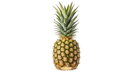 Whole pineapple with green leaves isolated on white background.