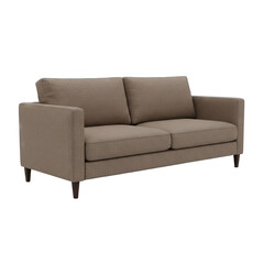 Modern brown textured fabric sofa with dark wood legs isolated on transparent background studio shot realistic 3D rendering