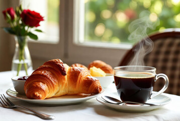 Breakfast with fresh croissants and a cup of black coffee