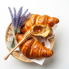 Croissant with honey, dipper in a basket on wooden table, flat lay on a white background