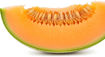Close up of a juicy cantaloupe slice showing seeds and flesh on white