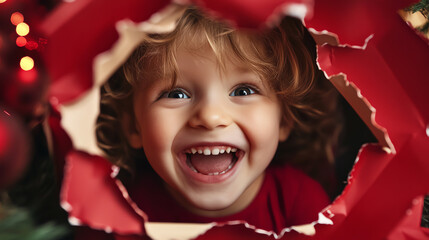 Cute child face popping through ripped paper circle, laughing expression, Christmas theme background, Nikon Z7, clean focus