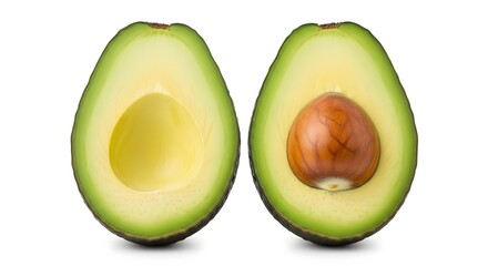 Fresh avocado halves, one with a large pit, isolated on white background