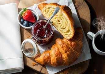 French croissant breakfast with jam