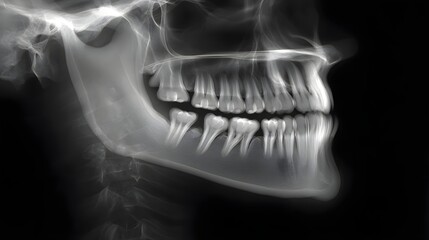 Panoramic dental X ray revealing the intricate structure of human teeth and jawbone in profile view