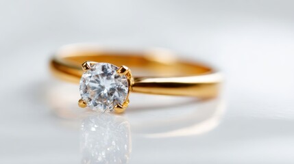 Yellow gold solitaire diamond engagement ring, isolated on white background, elegant jewelry showcase
