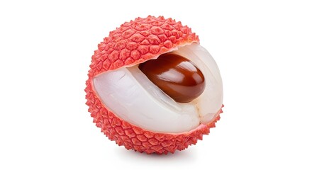 Close-up of a ripe lychee fruit with its seed visible on white background