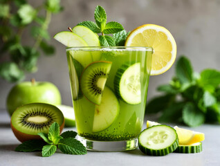 Green detox juice with green apple, kiwi, cucumber, mint and lemon