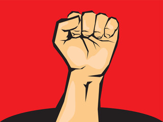 Raised fist on excited red background