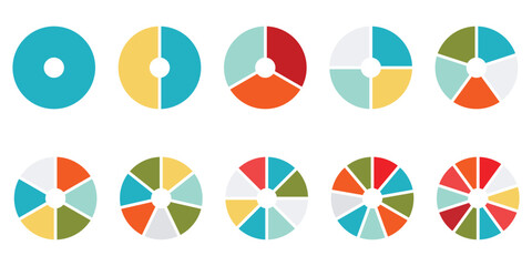 Pie charts diagrams. Different color circles isolated. Infographic element round shape. Vector