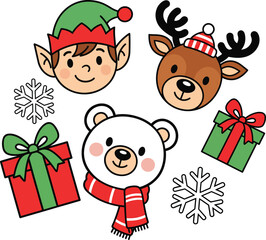 A festive collection of cute Christmas cartoon characters including an elf reindeer and polar bear.