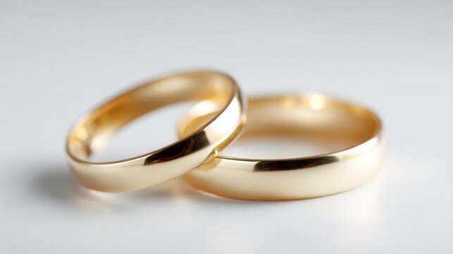 Close-up of golden wedding bands on white background, representing unity, love, and lifelong commitment