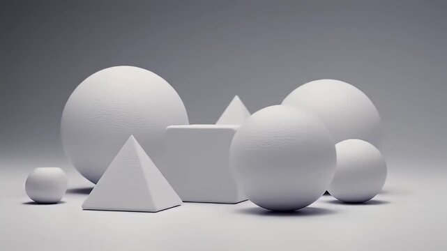 Geometric Shapes Composition of White Spheres Cubes and Pyramids on a White Background