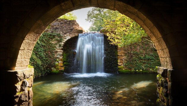 serene waterfall cascading through architectural archway creating a tranquil and harmonious scene of water and stone