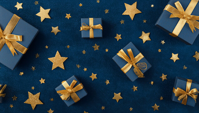 dark blue background with gift boxes and golden stars, for christmas or birthday party banner, poster, post and for greeting card design. - Powered by Adobe