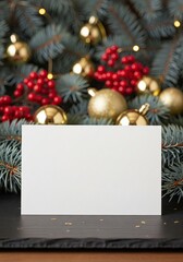Blank horizontal Christmas card mockup standing against a rich festive background of gold baubles and red berries.