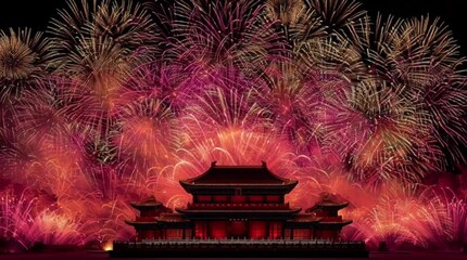 Spectacular red and gold fireworks light up the night sky over a traditional ancient Chinese palace, heralding a grand new year celebration