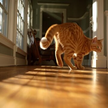 Ginger Cat's Intrigue: A sleek ginger tabby cat, its attention piqued, elegantly explores a sunlit hallway, the warm light highlighting the polished wooden floor.