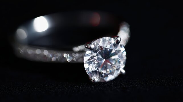 Luxury engagement diamond ring, macro shot on black background highlighting sparkle and craftsmanship