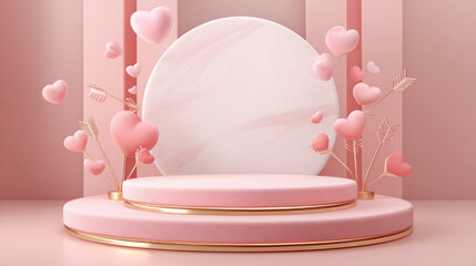 Valentines day background with pink heart balloon and podium stage display