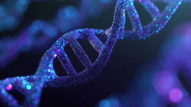 3D abstract DNA helix made of glowing particles, blue and violet colors, futuristic biotechnology concept, depth of field.