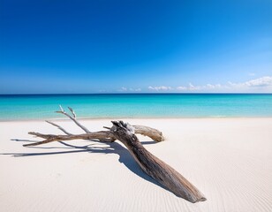 minimalist composition of weathered driftwood resting on white sand overlooking a tranquil ocean horizon on a bright calm day