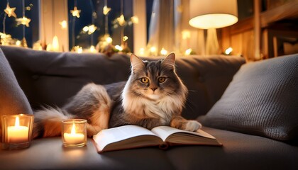 in a tranquil living room a majestic cat lounges on a soft couch its gaze fixed on an open book resting nearby with flickering candlelight and cozy fairy lights adding warmth