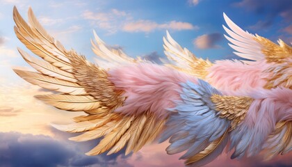 enchanted wings a dreamlike celestial display of pastel and gold feathers against a serene sky background