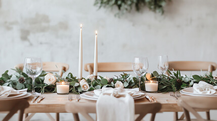 Dining table styled with minimal Christmas setup   greenery runner, candles, and linen napkins