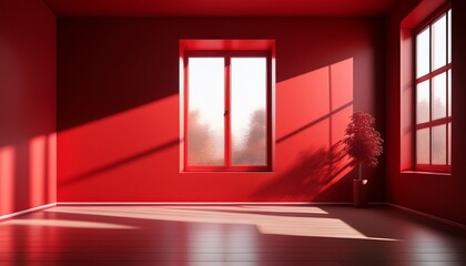 a minimalist red room with a single window casting geometric shadows creating a warm modern ambiance with striking contrasts of light and shadow