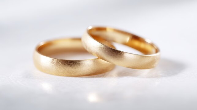 Close-up of golden wedding bands on white background, representing unity, love, and lifelong commitment