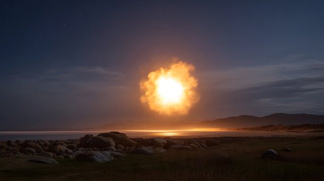 Dramatic night scene of a bright fireball explosion illuminating a coastal beach with stars in the sky - Powered by Adobe