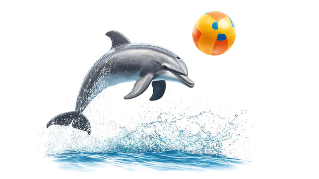 Dolphin jumping with beach ball, white background
