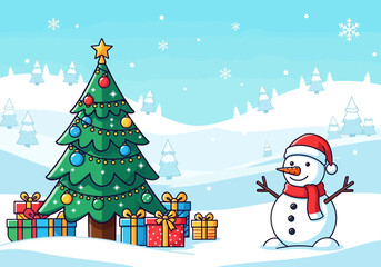 Cartoon Christmas Tree with Colorful Ornaments and Gifts in a Snowy Landscape.