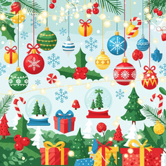 Festive Christmas Ornament and Decoration Assortment with Snowflakes and Gifts.