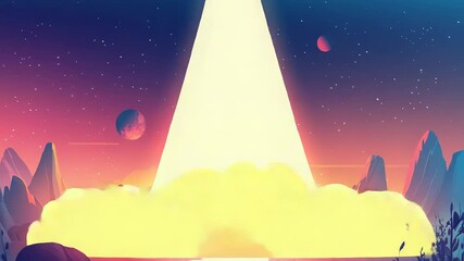 Rocket launching from alien planet surface at sunset