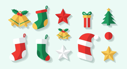 Festive Christmas Icons: Bells Stockings Stars Gift Tree Hat Ornament.