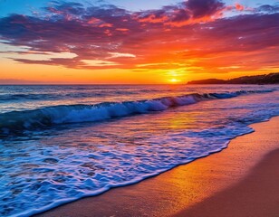 A tropical paradise beach with sunset sky