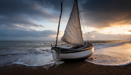 a graceful sailboat sits stranded on a tranquil shoreline waves gently lapping at its hull dark clouds loom overhead as dawn approaches casting a serene ambiance