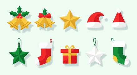 Festive Christmas Icons: Bells Stars Hats Stockings and Gift.